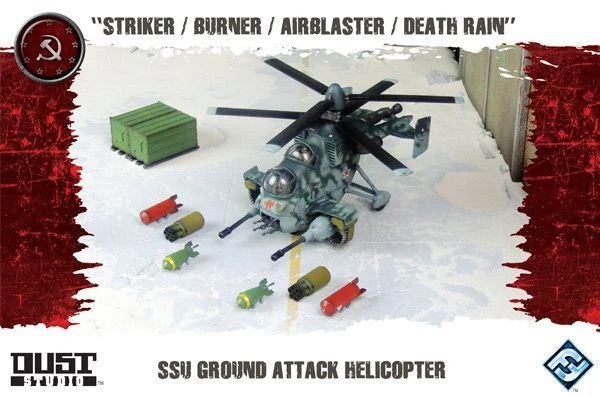 Cover image of Dust Tactics: SSU Ground Attack Helicopter – "Striker / Burner / Airblaster / Death Rain" board game
