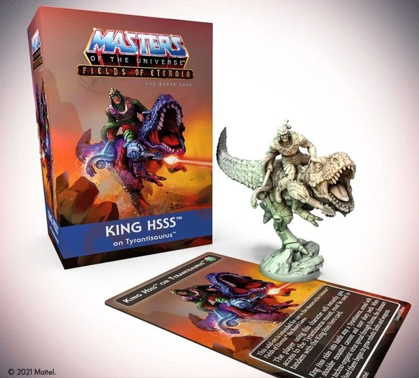 Cover image of Masters of The Universe: Fields of Eternia The Board Game – King Hsss on Tyrantisaurus board game