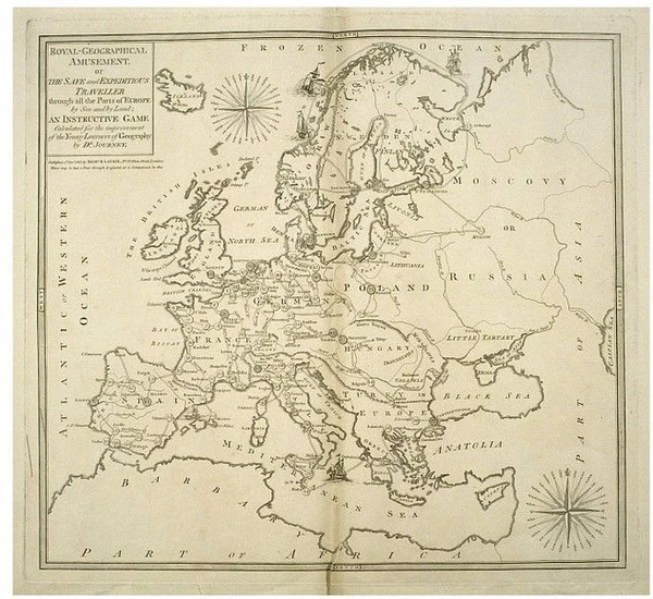 Cover image of Royal Geographical Amusement or the Safe and Expeditious Traveller Through all the Parts of Europe by Sea and by Land board game