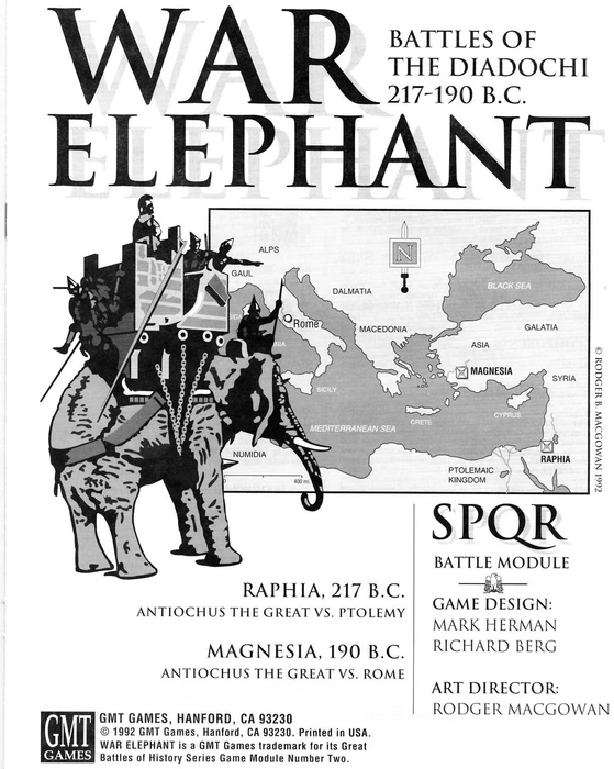 Cover image of War Elephant: Battles of the Diadochi 217-190 B.C. – SPQR Battle Module board game