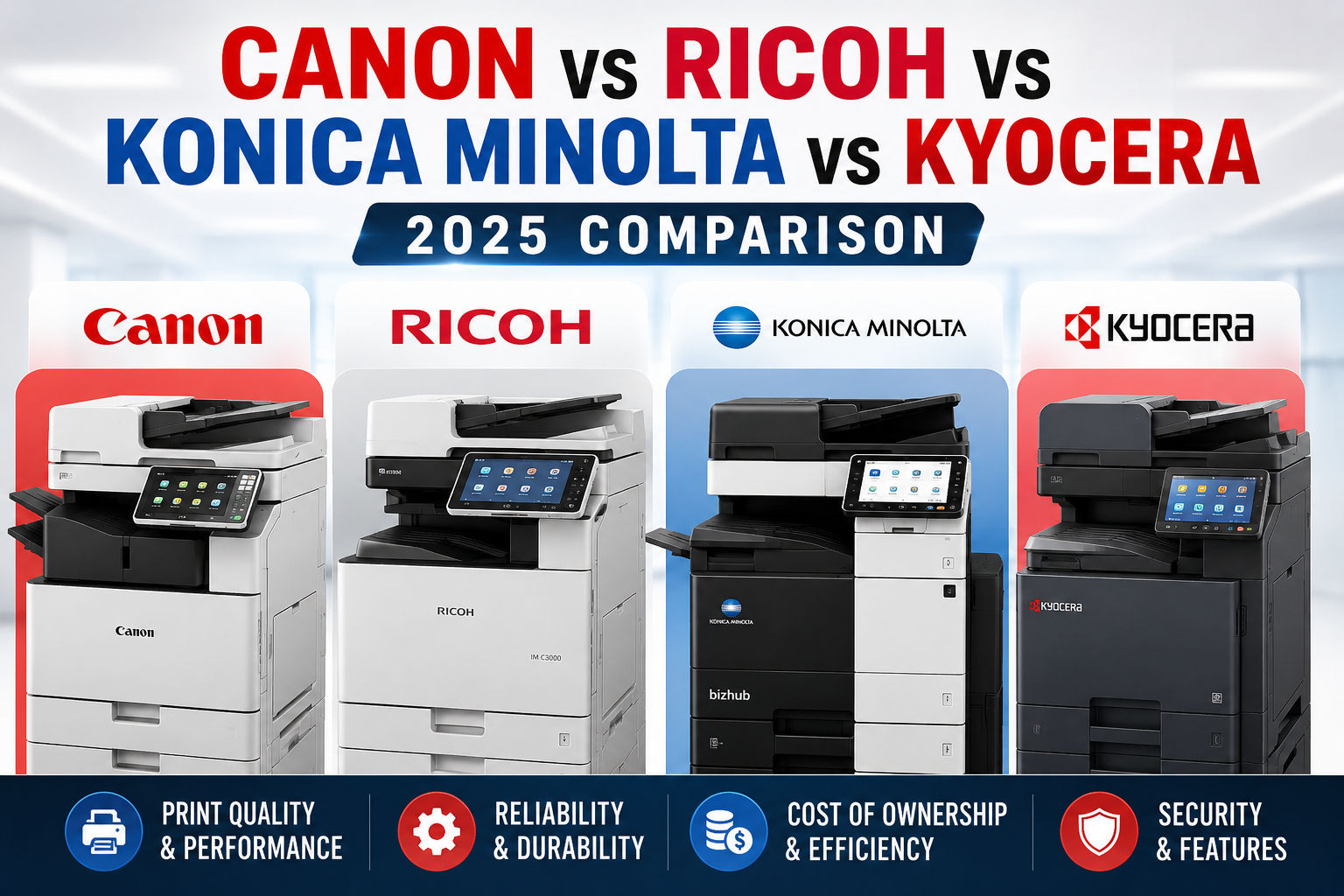 Four office photocopiers side by side representing Canon, Ricoh, Konica Minolta and Kyocera — 2025 brand comparison