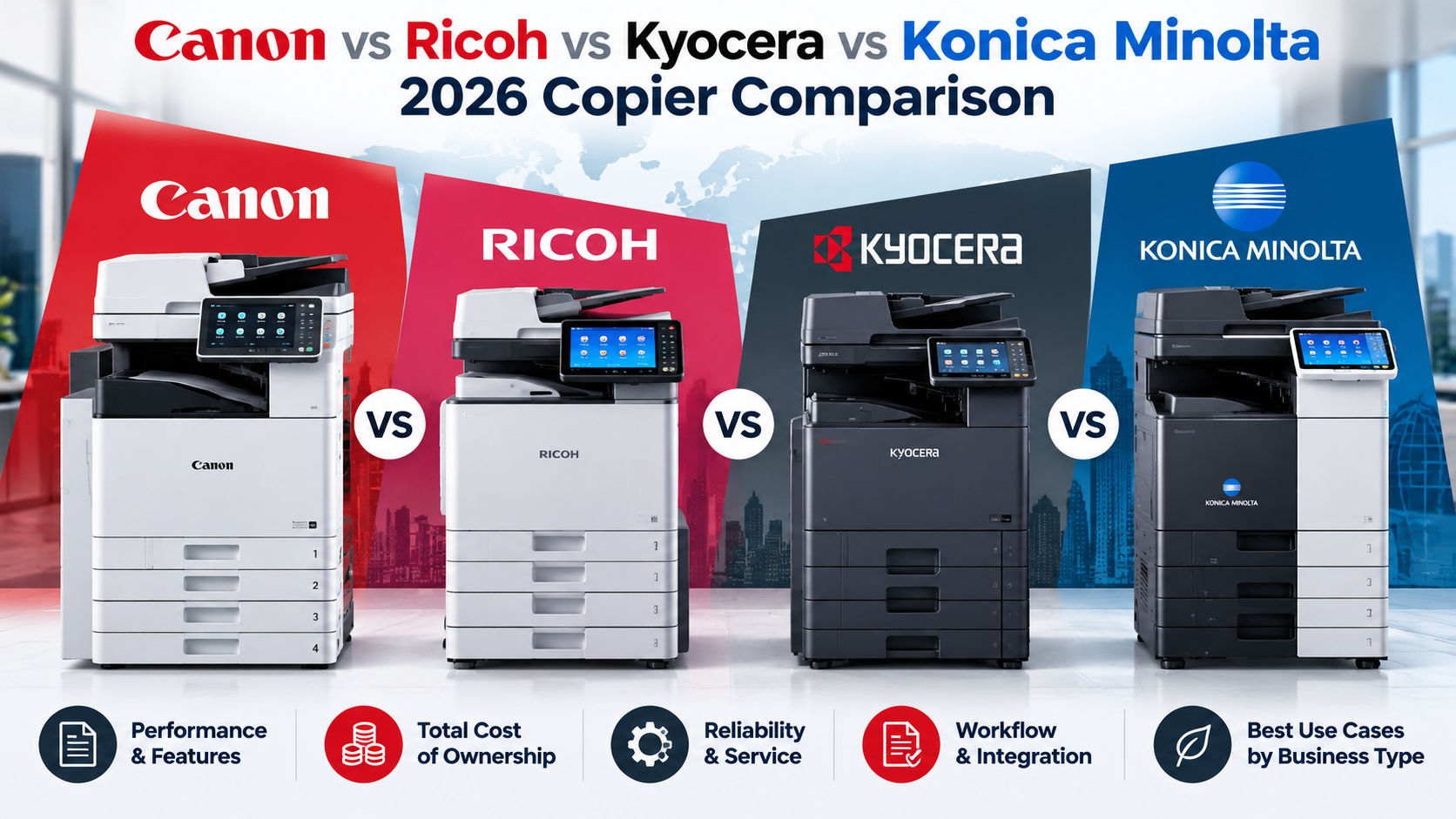 Canon vs Ricoh vs Kyocera vs Konica Minolta: 2026 Copier Comparison