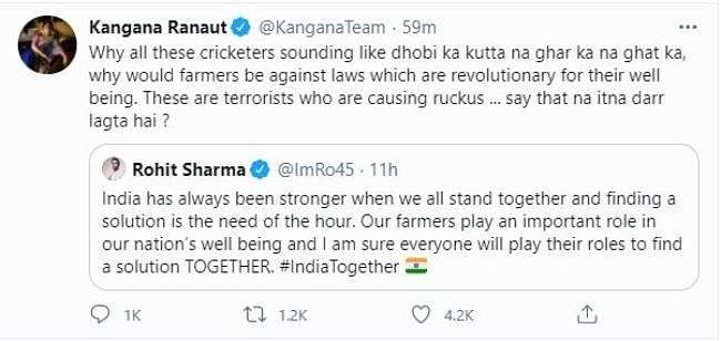 Kangana's Tweet Deleted by Twitter After Her Tweet Calling Rohit Sharma and Other Cricketers 'Dhobi Ka Kutta Na Ghar Ka Na Ghat Ka' 2 kanganas tweet deleted today