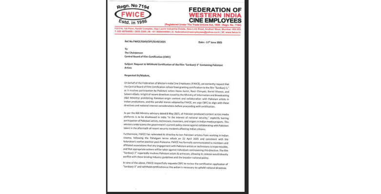 Film Body Demands Ban on Diljit Dosanjh for Casting Pakistani Actor in Sardaar Ji 3 2 Federation of Western India Cine Employees - FWICE