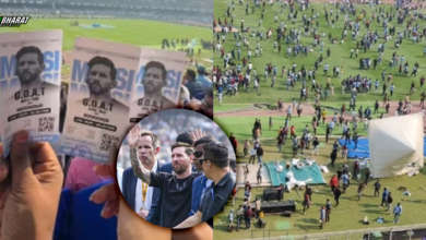 Lionel Messi surrounded by crowd during Kolkata event at Salt Lake Stadium