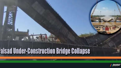 Collapsed under-construction bridge over Auranga River in Valsad with rescue teams at the site.