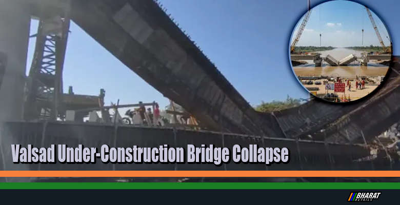 Collapsed under-construction bridge over Auranga River in Valsad with rescue teams at the site.