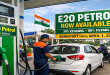 Petrol pump in India displaying E20 fuel option for vehicles