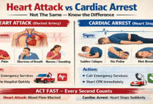 Illustration showing difference between heart attack and cardiac arrest symptoms and response