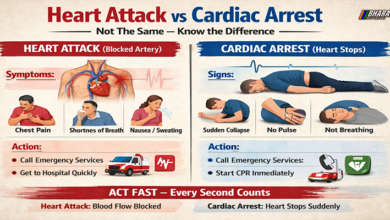 Illustration showing difference between heart attack and cardiac arrest symptoms and response