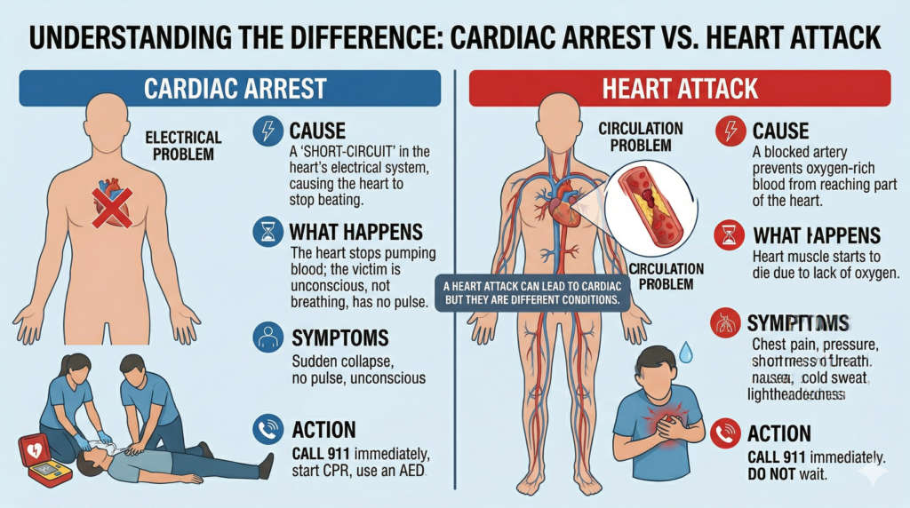 difference between cardiac arrest and heart attack