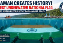 Andaman Underwater National Flag Guinness Record, largest underwater flag India, Radhanagar Beach record, Swaraj Dweep event, Guinness World Record India