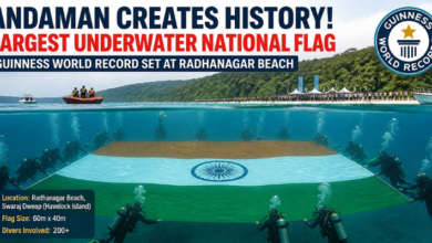 Andaman Underwater National Flag Guinness Record, largest underwater flag India, Radhanagar Beach record, Swaraj Dweep event, Guinness World Record India