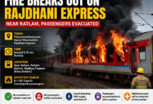 Rajdhani Express AC coach on fire near Ratlam in Madhya Pradesh Caption: Fire breaks out in B-1 AC coach of Rajdhani Express near Ratlam; passengers evacuated safely.