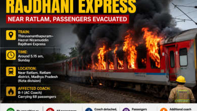 Rajdhani Express AC coach on fire near Ratlam in Madhya Pradesh Caption: Fire breaks out in B-1 AC coach of Rajdhani Express near Ratlam; passengers evacuated safely.