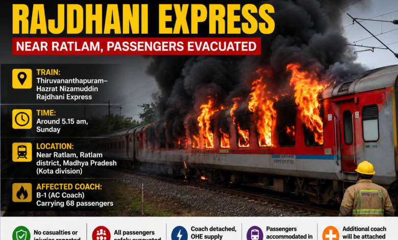 Rajdhani Express AC coach on fire near Ratlam in Madhya Pradesh Caption: Fire breaks out in B-1 AC coach of Rajdhani Express near Ratlam; passengers evacuated safely.