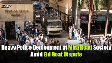 Police personnel deployed outside Poonam Cluster Society in Mira Road after clashes over Eid sacrifice goats
