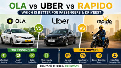 Comparison of Ola, Uber, and Rapido ride-hailing services in India for passengers and driver earnings