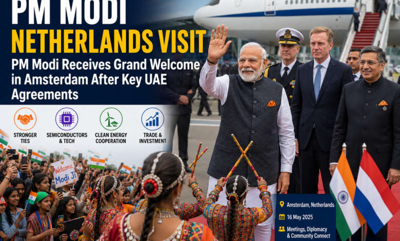 Prime Minister Narendra Modi greets Indian community members during his Netherlands visit in Amsterdam as part of his five-nation diplomatic tour.