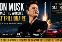 Elon Musk celebrating historic milestone after becoming the world's first trillionaire through SpaceX and Tesla success