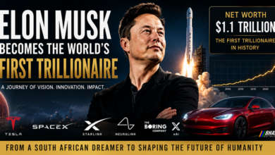 Elon Musk celebrating historic milestone after becoming the world's first trillionaire through SpaceX and Tesla success