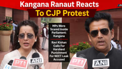 Kangana Ranaut and Ravi Kishan speaking about the Chalo Sansad protest and NEET paper leak demonstrations in Delhi