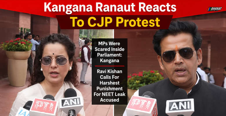 Kangana Ranaut and Ravi Kishan speaking about the Chalo Sansad protest and NEET paper leak demonstrations in Delhi