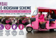 Pink electric rickshaw under Maharashtra's Mahila E-Rickshaw Scheme for women commuters in Mumbai Metropolitan Region.