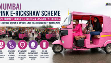 Pink electric rickshaw under Maharashtra's Mahila E-Rickshaw Scheme for women commuters in Mumbai Metropolitan Region.