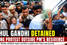 Rahul Gandhi being detained by Delhi Police during a protest outside Prime Minister Narendra Modi's residence in New Delhi.