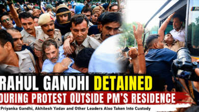 Rahul Gandhi being detained by Delhi Police during a protest outside Prime Minister Narendra Modi's residence in New Delhi.