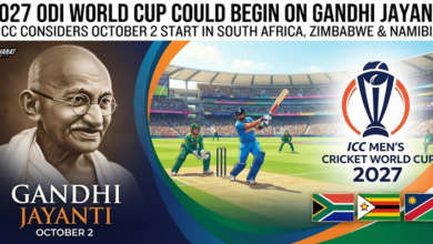 ICC 2027 ODI World Cup trophy with Mahatma Gandhi and South Africa cricket stadium imagery