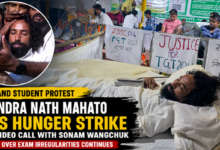 Devendra Nath Mahato ending his hunger strike after a video call with Sonam Wangchuk amid the Jharkhand student protest over JPSC and JSSC exam irregularities.