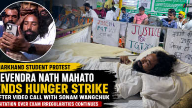 Devendra Nath Mahato ending his hunger strike after a video call with Sonam Wangchuk amid the Jharkhand student protest over JPSC and JSSC exam irregularities.