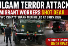 Security personnel at the site of the terror attack in Kulgam where two migrant workers from Chhattisgarh were killed.