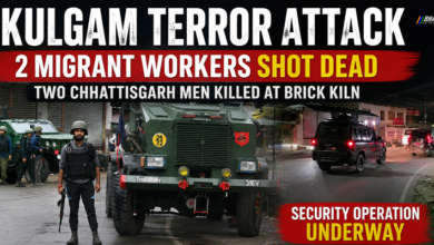 Security personnel at the site of the terror attack in Kulgam where two migrant workers from Chhattisgarh were killed.