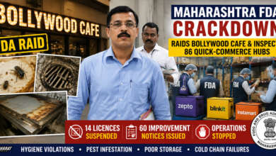 Maharashtra FDA officials inspect Bollywood Cafe and quick-commerce food warehouses during a statewide food safety crackdown