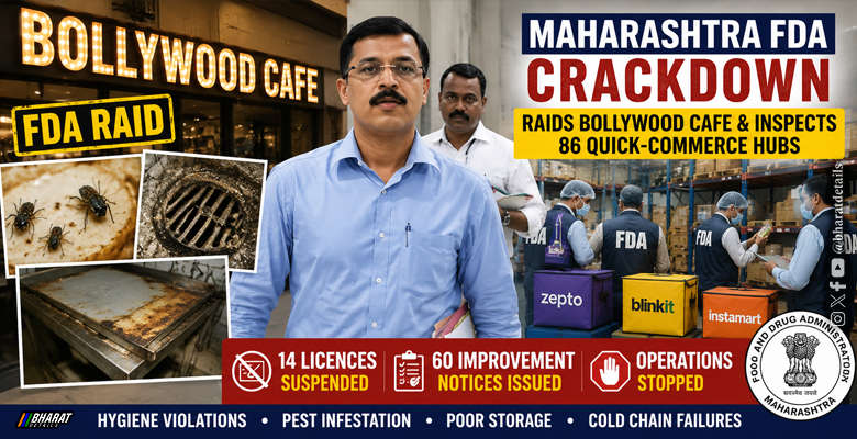 Maharashtra FDA officials inspect Bollywood Cafe and quick-commerce food warehouses during a statewide food safety crackdown