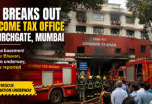Firefighters respond to a fire in the basement of Aayakar Bhavan Income Tax Office at Churchgate in Mumbai