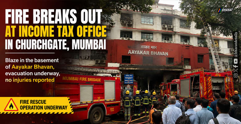 Firefighters respond to a fire in the basement of Aayakar Bhavan Income Tax Office at Churchgate in Mumbai