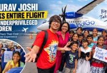 YouTuber Sourav Joshi with underprivileged schoolchildren during their first-ever flight to Delhi after booking an entire commercial aircraft.