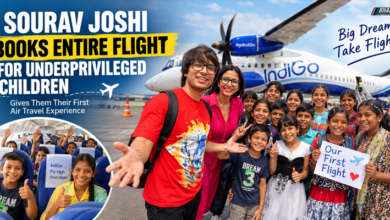 YouTuber Sourav Joshi with underprivileged schoolchildren during their first-ever flight to Delhi after booking an entire commercial aircraft.