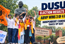 DUSU Election Results 2026 showing ABVP winning three central posts and independent candidate Deepanshu Shokeen winning Vice President