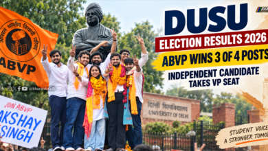 DUSU Election Results 2026 showing ABVP winning three central posts and independent candidate Deepanshu Shokeen winning Vice President