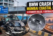 Wrecked BMW after a fatal crash on Mumbai Coastal Road near Lotus Jetty