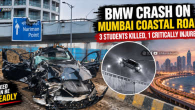 Wrecked BMW after a fatal crash on Mumbai Coastal Road near Lotus Jetty