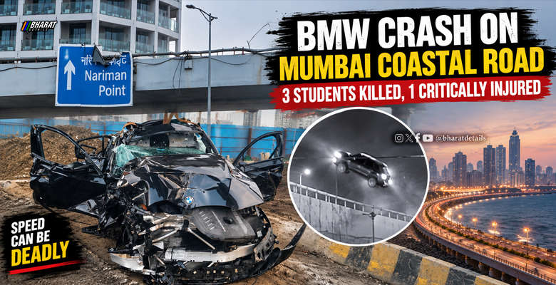 Wrecked BMW after a fatal crash on Mumbai Coastal Road near Lotus Jetty