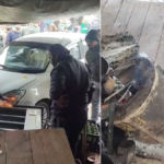 एटा में अलीगंज चुंगी के पास हलवाई की दुकान में घुसी क्षतिग्रस्त स्विफ्ट कार।