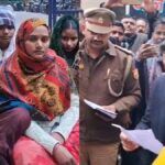 वाराणसी में पुलिस कमिश्नर मोहित अग्रवाल की गाड़ी के सामने जमीन विवाद की सुनवाई न होने पर धरने पर बैठीं महिलाएं।