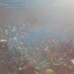 ब्रज के राधाबल्लभ मंदिर में फुलैरा दौज पर ठाकुरजी और भक्तों द्वारा खेली जा रही गुलाल की होली।